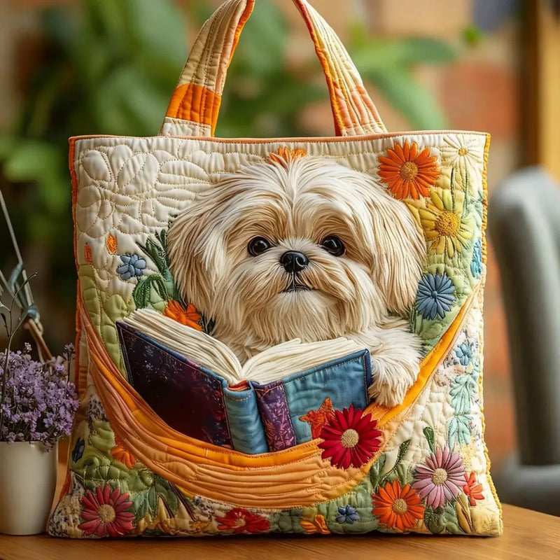 Handmade bag - Shihtzu with books and flowers