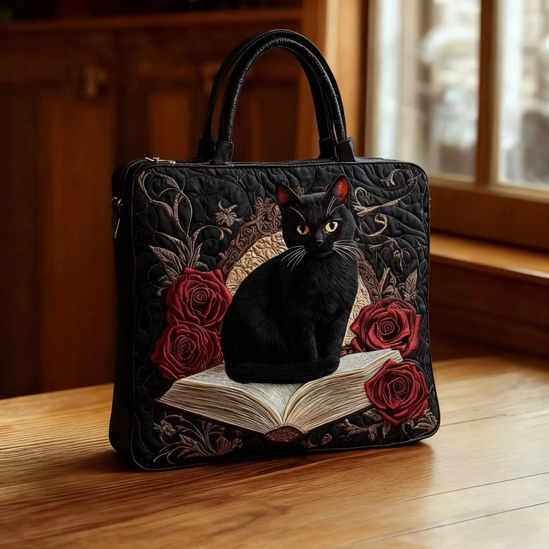 Handmade Padded Bag - Black Cat on Books