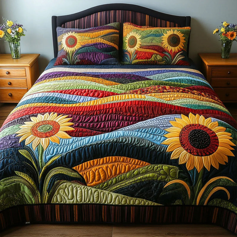 3-piece Quilted Bedding Set - Sunflower Field