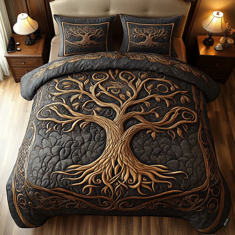 3 Piece Quilted Bedding Set - Golden Harmony